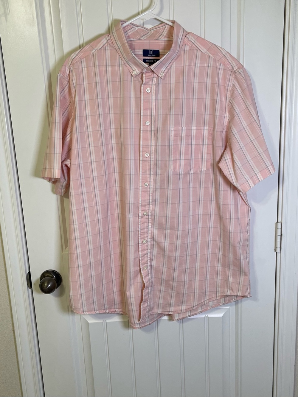 George Mens 2XL Pink White Gray Plaid Short-Sleeve Button-Down Shirt Classic Fit